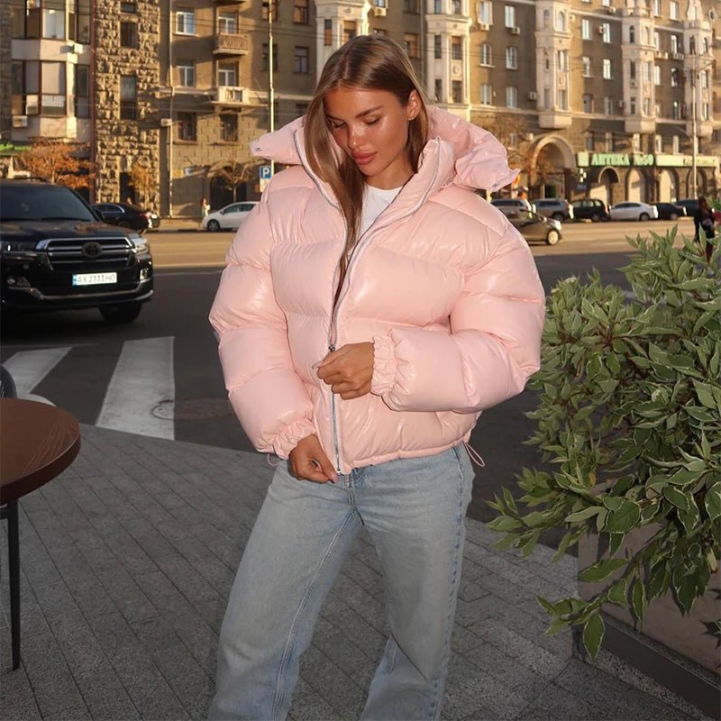 Hooded Puffer Jacket with Stand Collar – Thick Insulated Winter Coat