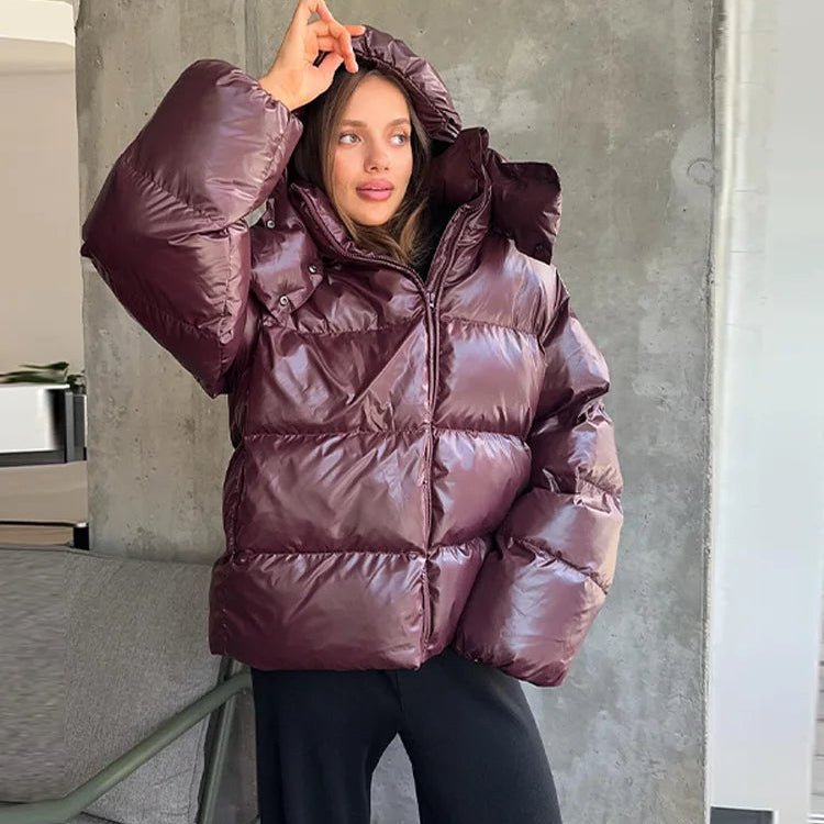 Hooded Puffer Jacket with Stand Collar – Thick Insulated Winter Coat