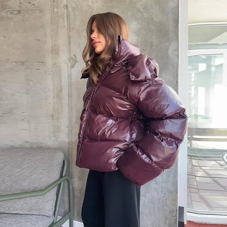 Hooded Puffer Jacket with Stand Collar – Thick Insulated Winter Coat