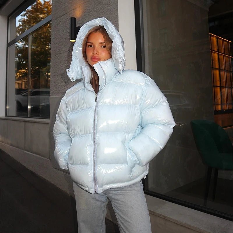 Hooded Puffer Jacket with Stand Collar – Thick Insulated Winter Coat