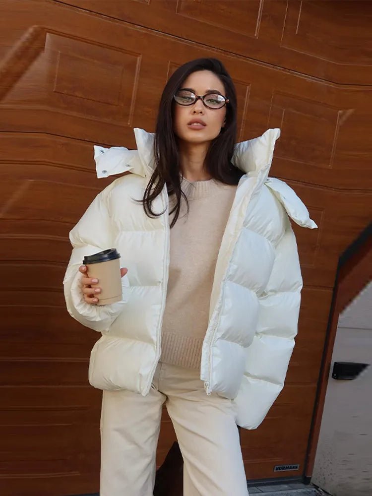 Hooded Puffer Jacket with Stand Collar – Thick Insulated Winter Coat