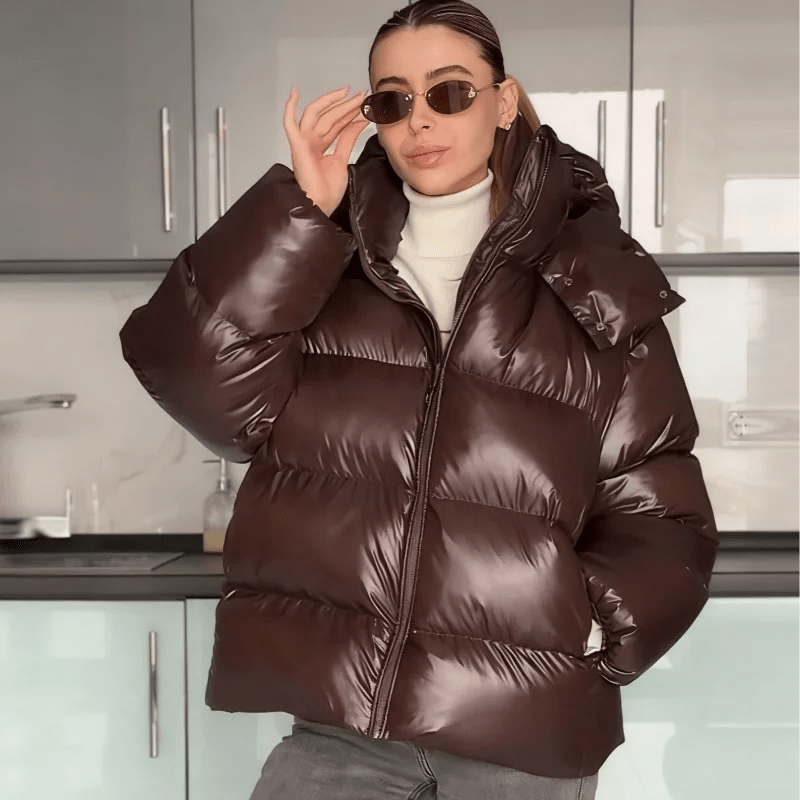 Hooded Puffer Jacket with Stand Collar – Thick Insulated Winter Coat