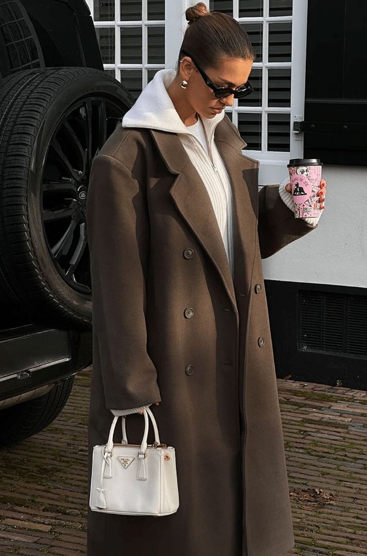 Oversized Faux Wool Long Coat – Brown Maxi Coat
