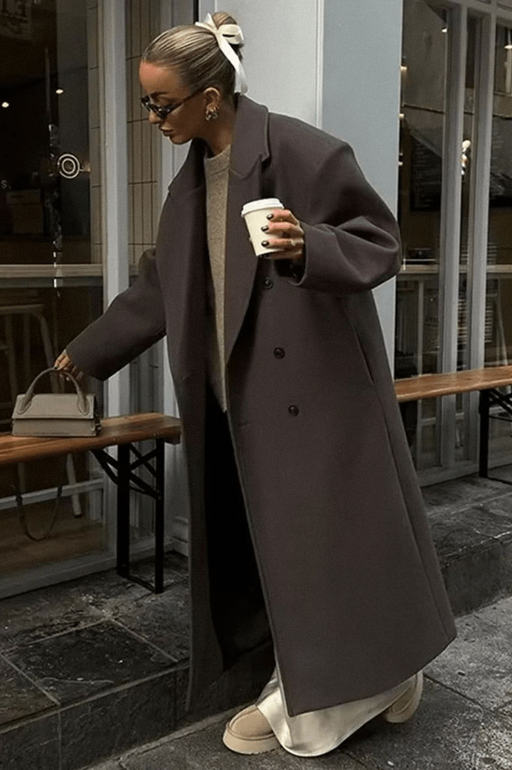 Oversized Faux Wool Long Coat – Brown Maxi Coat