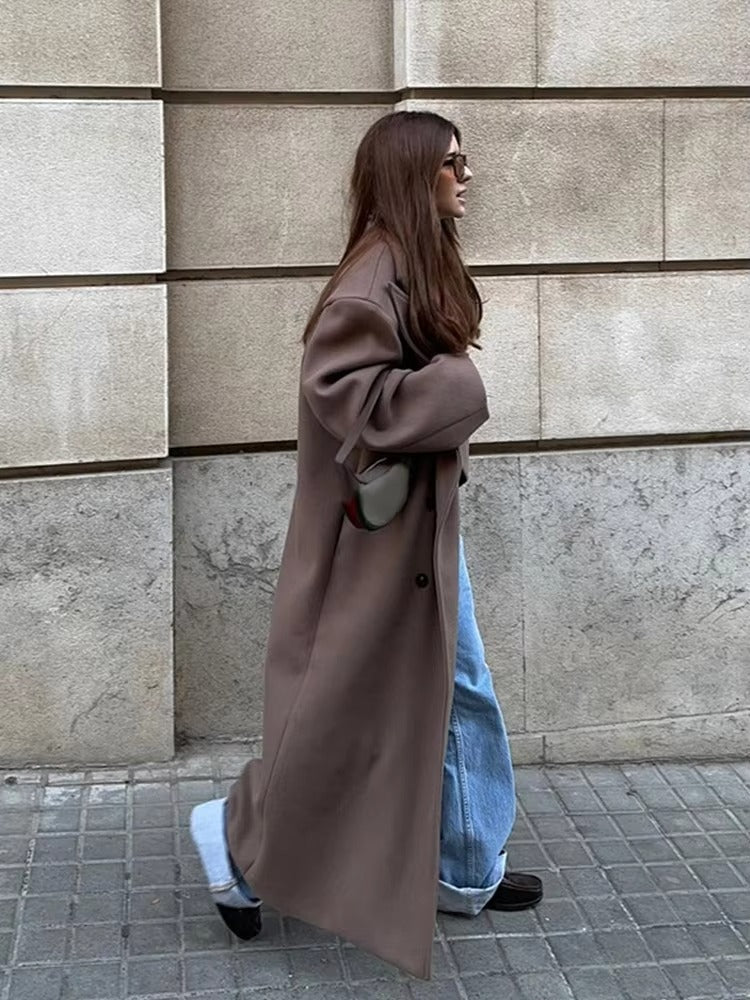 Oversized Faux Wool Long Coat – Brown Maxi Coat