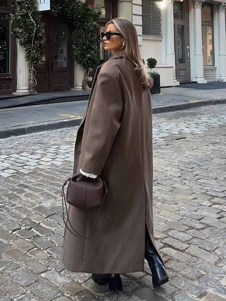 Oversized Faux Wool Long Coat – Brown Maxi Coat