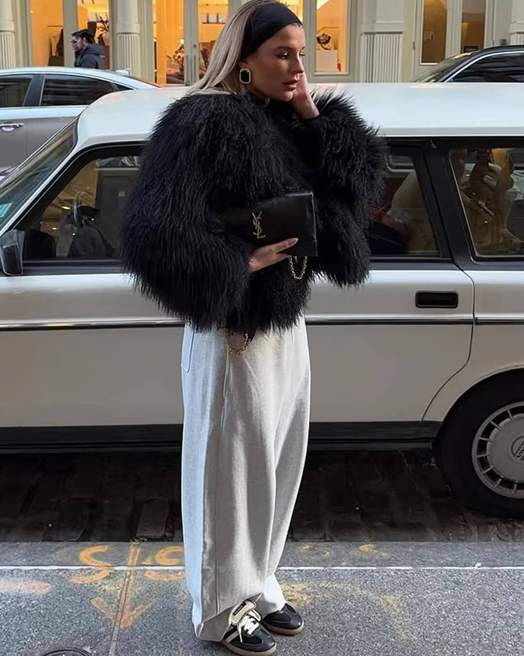 Short Faux Fur Coat with Half Open Collar – Fleece Accent Winter Coat