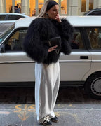 Short Faux Fur Coat with Half Open Collar – Fleece Accent Winter Coat