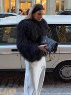 Short Faux Fur Coat with Half Open Collar – Fleece Accent Winter Coat