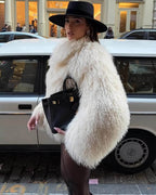 Short Faux Fur Coat with Half Open Collar – Fleece Accent Winter Coat