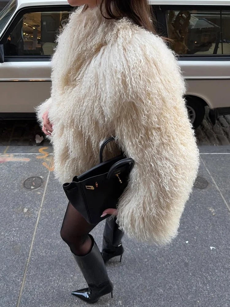 Short Faux Fur Coat with Half Open Collar – Fleece Accent Winter Coat