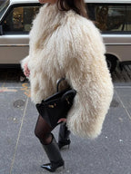 Short Faux Fur Coat with Half Open Collar – Fleece Accent Winter Coat