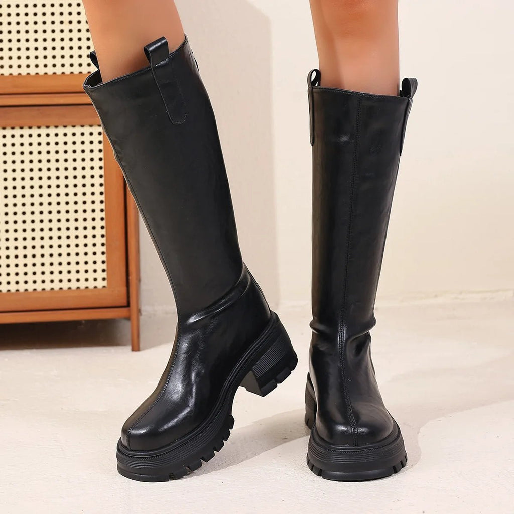 Black Knee High Leather Boots – Women's Autumn Winter Boots