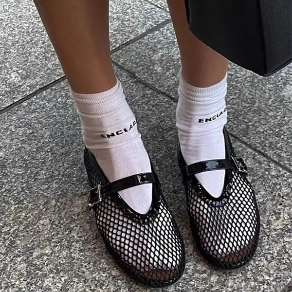 Przewiewne baleriny z siateczki ze skórzaną wkładką – baleriny z okrągłym noskiem