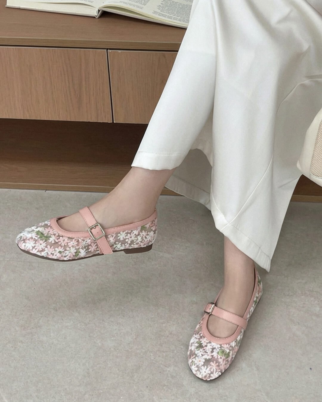 Beige Mesh Mary Jane Ballet Flats – Women's Comfortable Everyday Ballet Flats