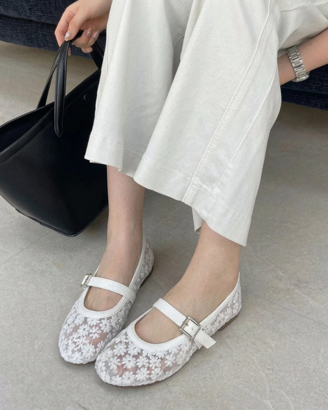Beige Mesh Mary Jane Ballet Flats – Women's Comfortable Everyday Ballet Flats
