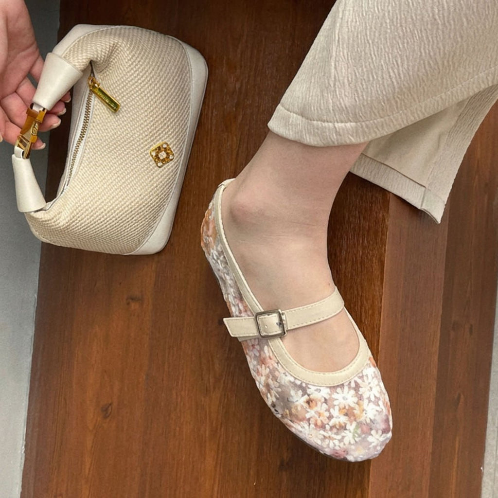 Beige Mesh Mary Jane Ballet Flats – Women's Comfortable Everyday Ballet Flats