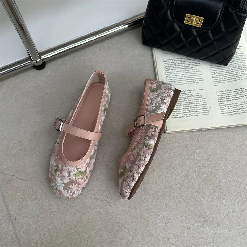 Beige Mesh Mary Jane Ballet Flats – Women's Comfortable Everyday Ballet Flats