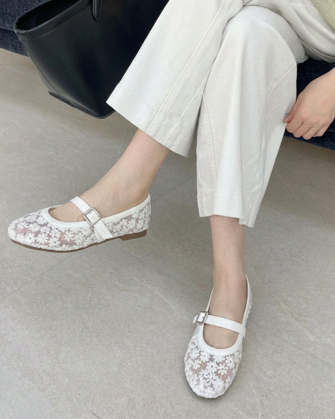 Beige Mesh Mary Jane Ballet Flats – Women's Comfortable Everyday Ballet Flats