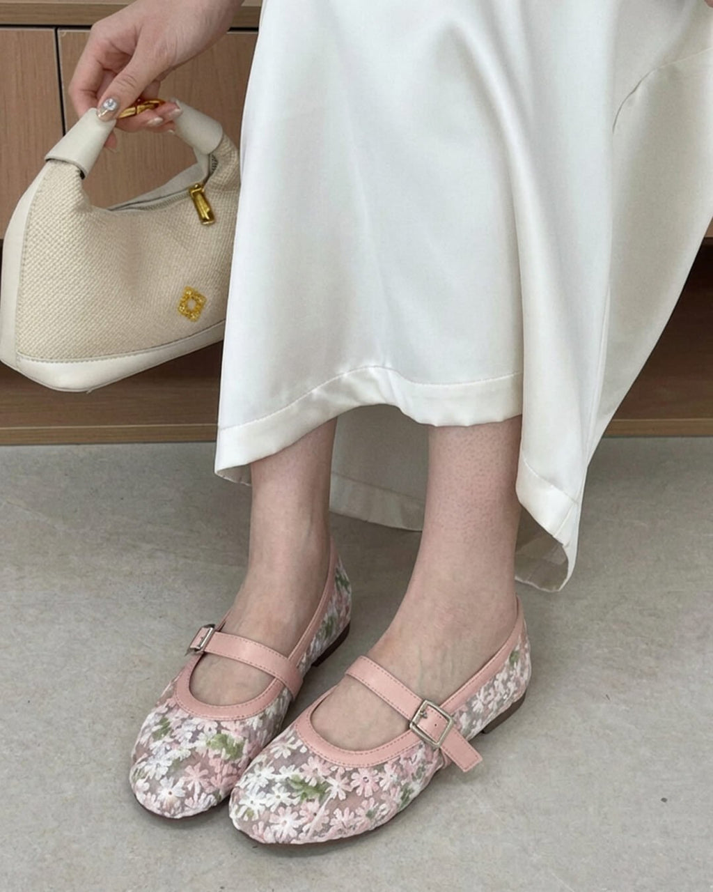 Beige Mesh Mary Jane Ballet Flats – Women's Comfortable Everyday Ballet Flats