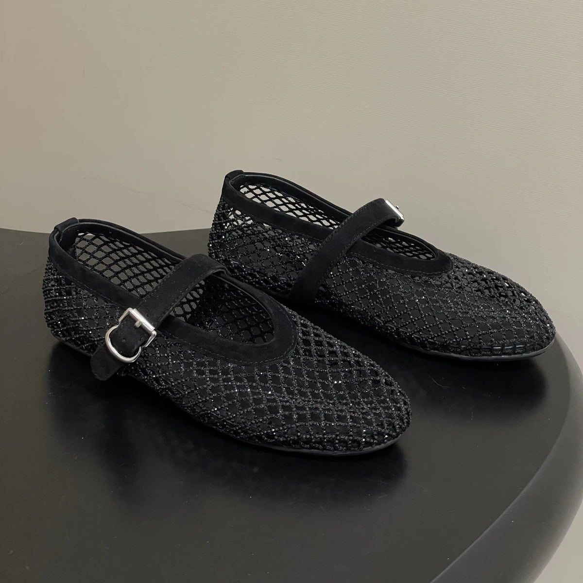 Black Rhinestone Mesh Ballet Flats – Women's Comfortable Everyday Ballet Flats