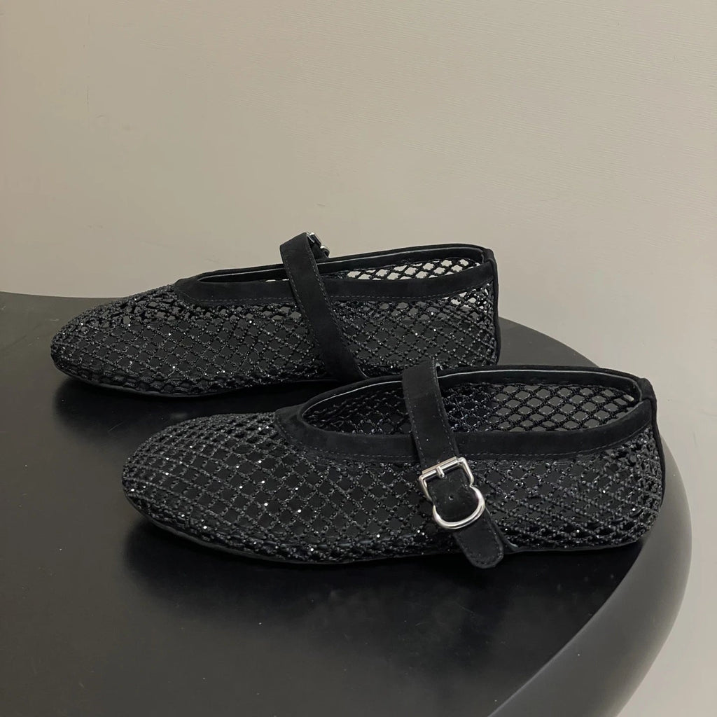 Black Rhinestone Mesh Ballet Flats – Women's Comfortable Everyday Ballet Flats