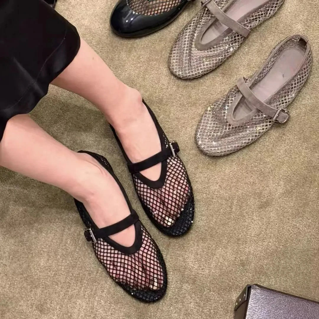 Black Rhinestone Mesh Ballet Flats – Women's Comfortable Everyday Ballet Flats