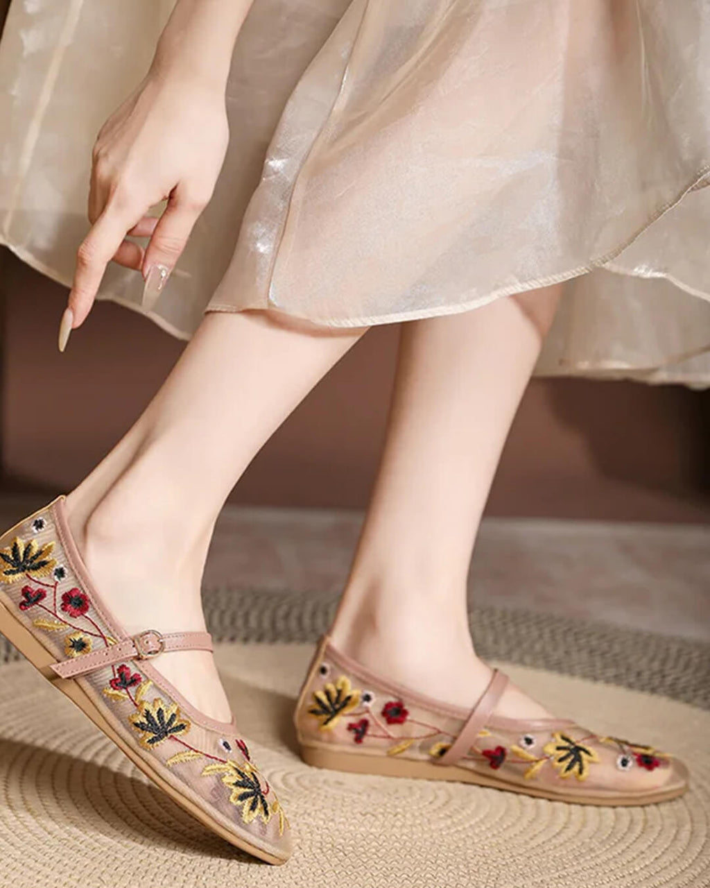 Apricot Embroidered Ballet Flats – Women's Comfortable Everyday Ballet Flats
