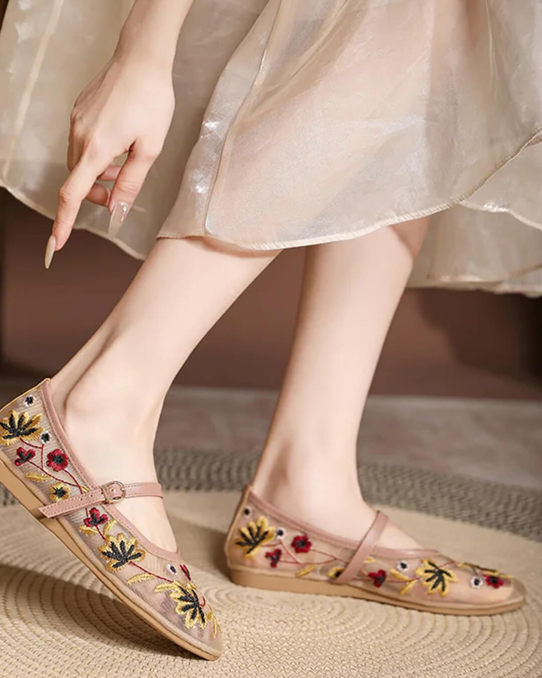 Apricot Embroidered Ballet Flats – Women's Comfortable Everyday Ballet Flats