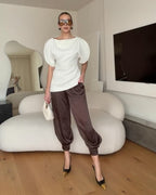 White Tricot Balloon Sleeve Top – Women's Summer Top