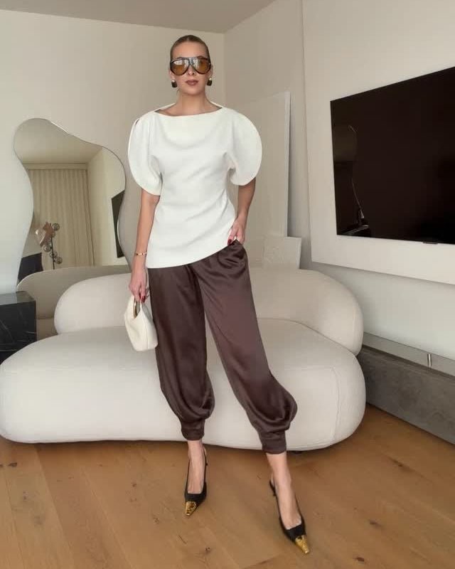 White Tricot Balloon Sleeve Top – Women's Summer Top