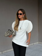 White Tricot Balloon Sleeve Top – Women's Summer Top