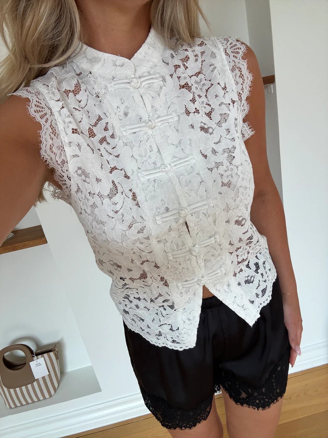 White Mandarin Sleeveless Lace Top – Women's Summer Top
