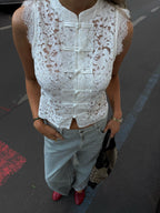 White Mandarin Sleeveless Lace Top – Women's Summer Top