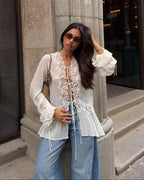 Front-Tie Lace Appliqué Top – Women's Summer Top