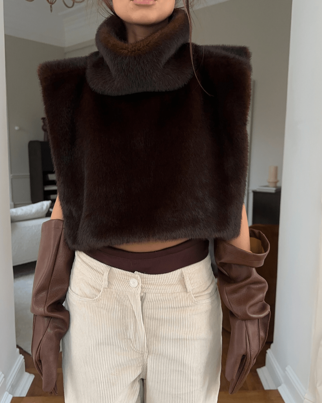 Faux Fur Turtleneck Gilet – Asymmetric Layering Vest