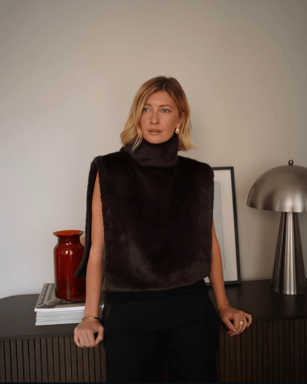 Faux Fur Turtleneck Gilet – Asymmetric Layering Vest
