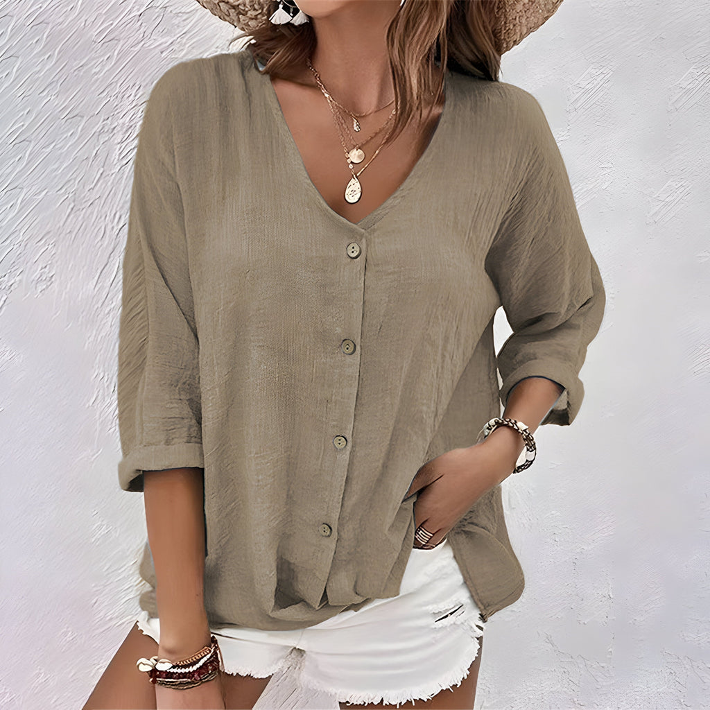 Relaxed Linen V-Neck Button-Up Blouse
