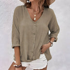 Relaxed Linen V-Neck Button-Up Blouse