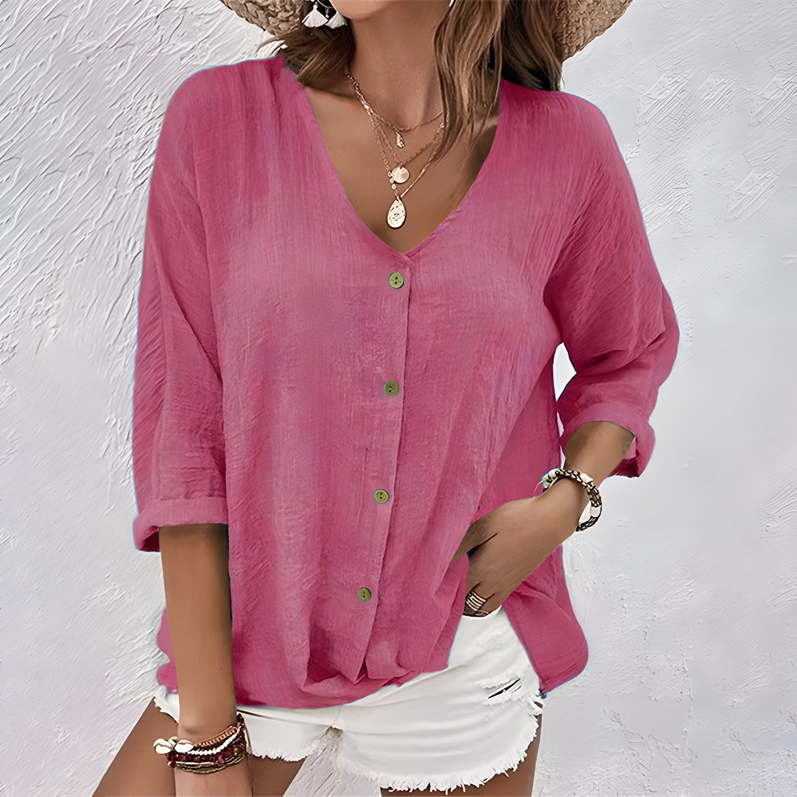 Relaxed Linen V-Neck Button-Up Blouse