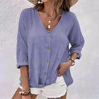 Relaxed Linen V-Neck Button-Up Blouse