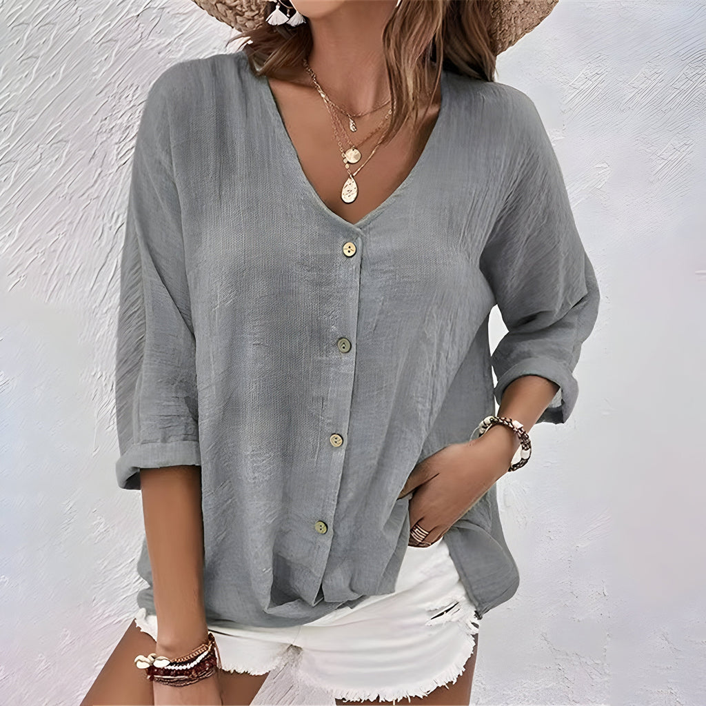 Relaxed Linen V-Neck Button-Up Blouse