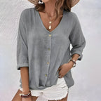 Relaxed Linen V-Neck Button-Up Blouse