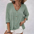 Relaxed Linen V-Neck Button-Up Blouse