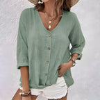 Relaxed Linen V-Neck Button-Up Blouse