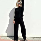 Women's Relaxed Wide-Leg Co-Ord Set – Cropped Long-Sleeve Top