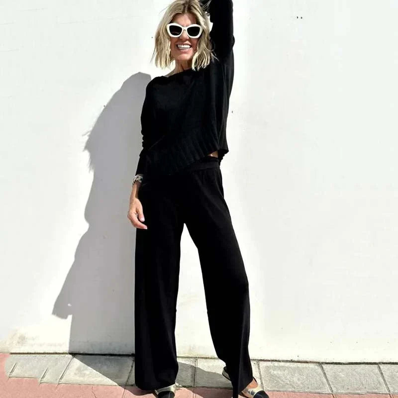 Women's Relaxed Wide-Leg Co-Ord Set – Cropped Long-Sleeve Top