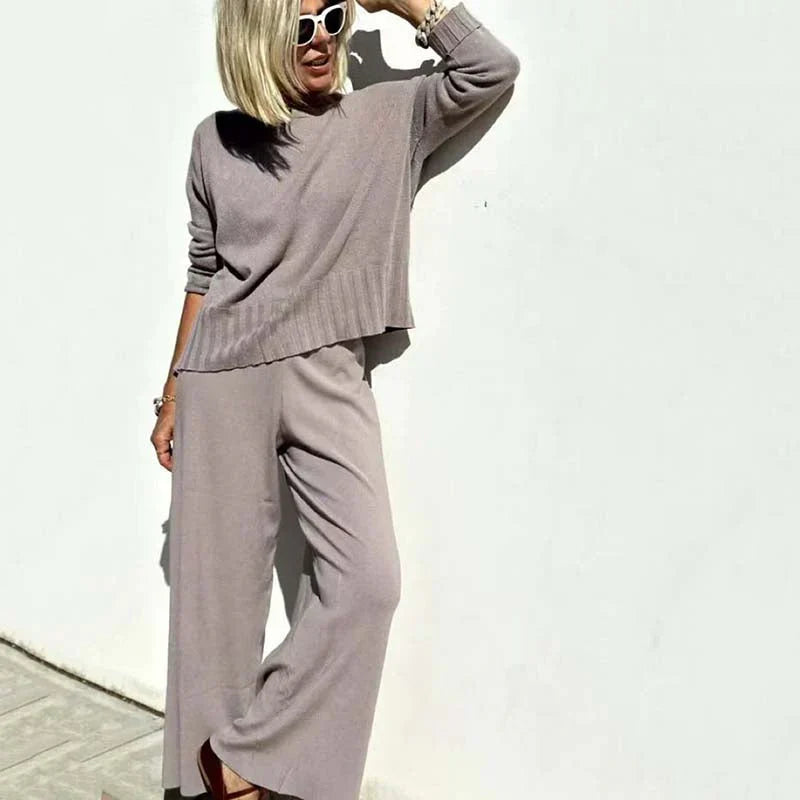 Women's Relaxed Wide-Leg Co-Ord Set – Cropped Long-Sleeve Top