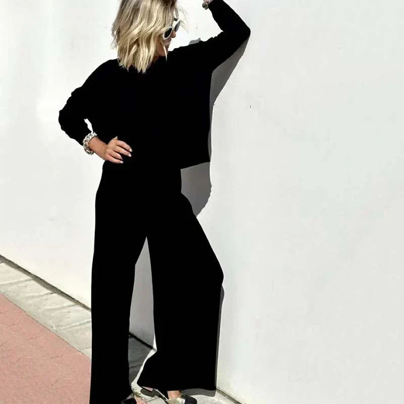 Women's Relaxed Wide-Leg Co-Ord Set – Cropped Long-Sleeve Top