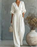Women's Linen-Blend Wide-Leg Jumpsuit with Wrap V-Neck